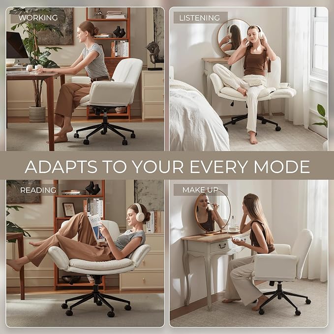 Dowinx Criss Cross Chair with Five-Level Adjustable Arms and Wheels - Comfortable Ergonomic PU Leather Swivel Vanity Chair - Computer Makeup Chair for Home Office, Bedroom, Vanity Room -Milk White - Image 8