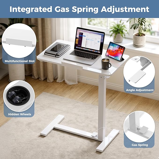 DUMOS Adjustable Rolling Desk, Standing Desks, Overbed Table | Mobile Hidden Wheels, Portable Laptop Computer Workstation, Bed Sofa Couch Use, Milk - Image 7