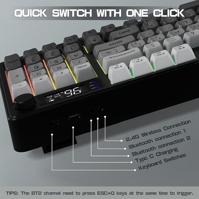 LexonElec M96 Wireless Keyboard, Low Profile Quiet Typing Membrane Gaming Keyboard with Smart Display & Knob, RGB Backlit, USB C Rechargeable, 94 Keys PBT Keycap for Windows PC,Mac,Linux-Moonlit Night - Image 7