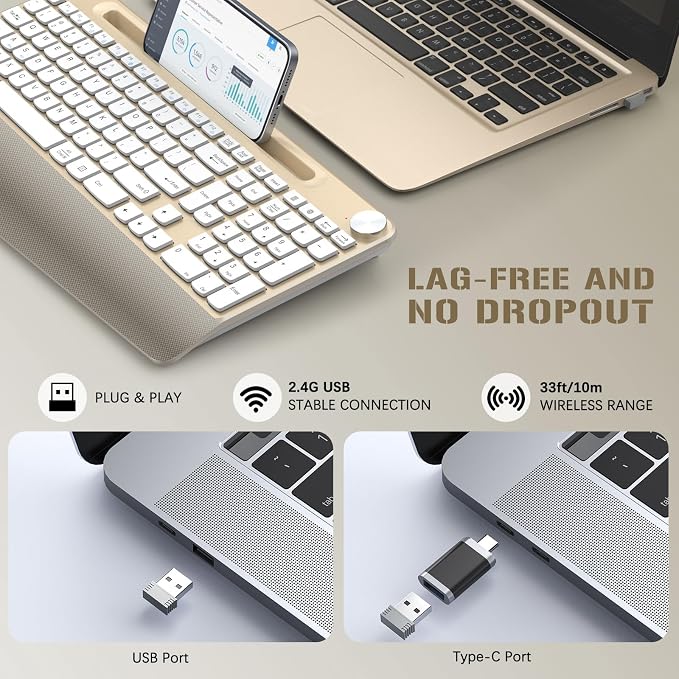 GAMCATZ Ergonomic Wireless Keyboard with Wrist Rest-Low-Profile,Phone/Tablet Holder,Quiet Design，Windows & Mac OS,Cordless USB Computer Keyboard for Desktop,Laptop, PC, Mac, Windows-Gold White - Image 5