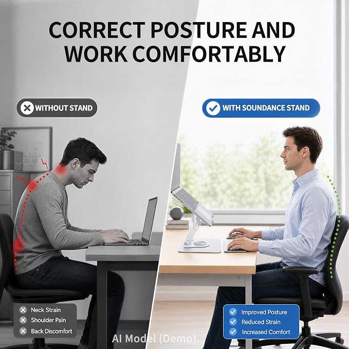 SOUNDANCE 360 Rotating Laptop Stand, Ergonomic Computer Riser for Desk, Adjustable Height Multi-Angle Metal Holder, Foldable Portable Notebook Elevating Base for Office & Home, White - Image 3