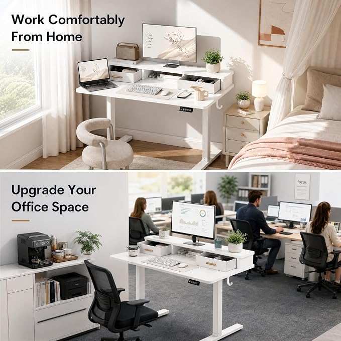 Grandder Electric Standing Desk with Two Drawers, Sit to Stand Up Height Adjustable Desk with Storage Shelf for Home Office, 47 * 24 Inch, Study, Ergonomic Adjustable Computer Desk, White - Image 8