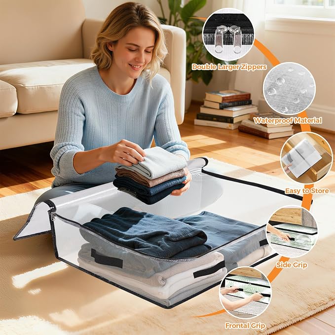 6 Pack Under Bed Storage Bags, 60L Foldable Clear Containers with Handles | Dual Zipper Storage Bins for Comforters, Bedding, Blankets, Closet Organizer for Clothes, Linen Sheets, College Moving - Image 3