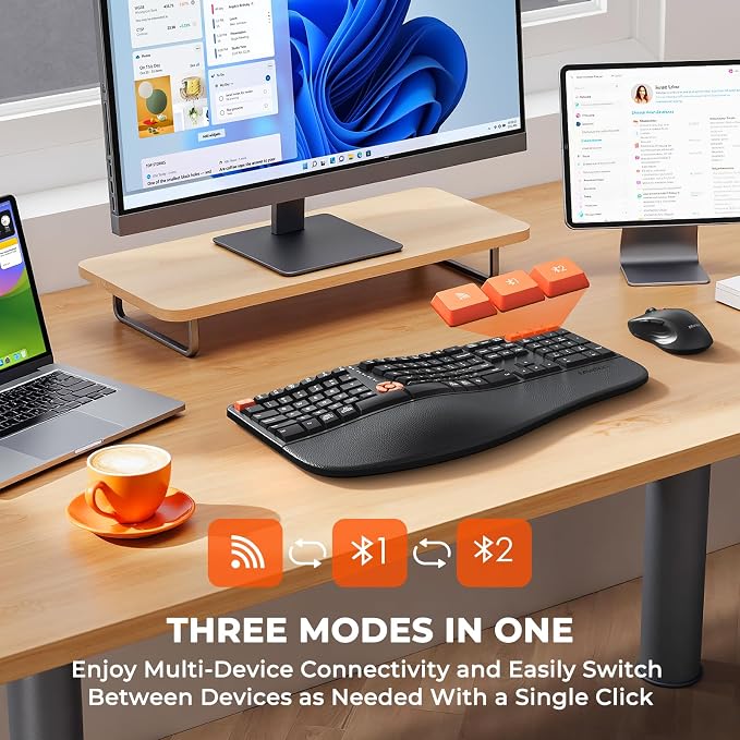 MEETION Ergonomic Wireless Keyboard and Mouse Combo, Split Design | Full-size keyboard with cushioned palm rest, 2.4G & Bluetooth multi-device connection, 4-level DPI mouse for Windows & Mac - Image 4
