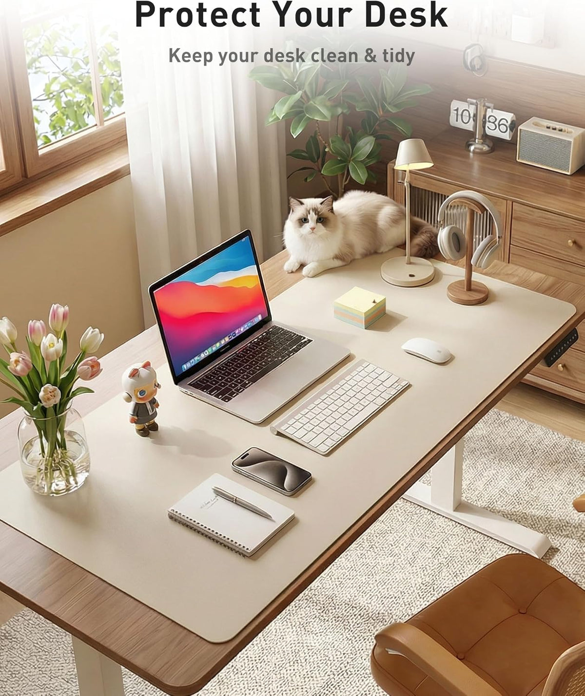 Aothia Faux Leather Desk Mat - Large Mouse Pad, Non-Slip PU Leather Blotter, Waterproof Writing Surface for Office and Home (Eggshell, 42" x 17") - Image 3