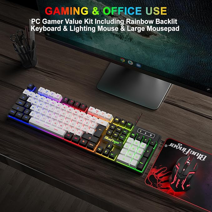 BlueFinger RGB Gaming Keyboard and Backlit Mouse Combo, USB Wired, LED Gaming Set for Laptop PC Computer Game and Work (Black & White) - Image 8