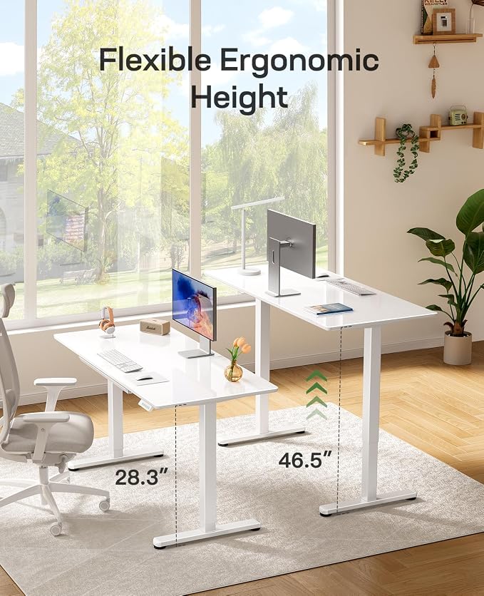 Marsail Glass Standing Desk with Drawer, 55 x 28 Inches Adjustable Desk, Home Office Desks with One-Piece Tempered Glass Top, Ergonomic Home Office Sit Stand Desk with 4 Preset Heights, White - Image 5