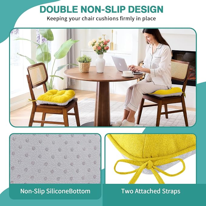 BETU Chair Cushions for Dining Chairs Set of 4,3.5" Thick Kitchen Table Chair Pads with Ties,Non Slip Backing and Covers, Seat Cushion for Dining Room,Bar,Patio Chairs,15.5"X15.5"X3.5",Gold - Image 2
