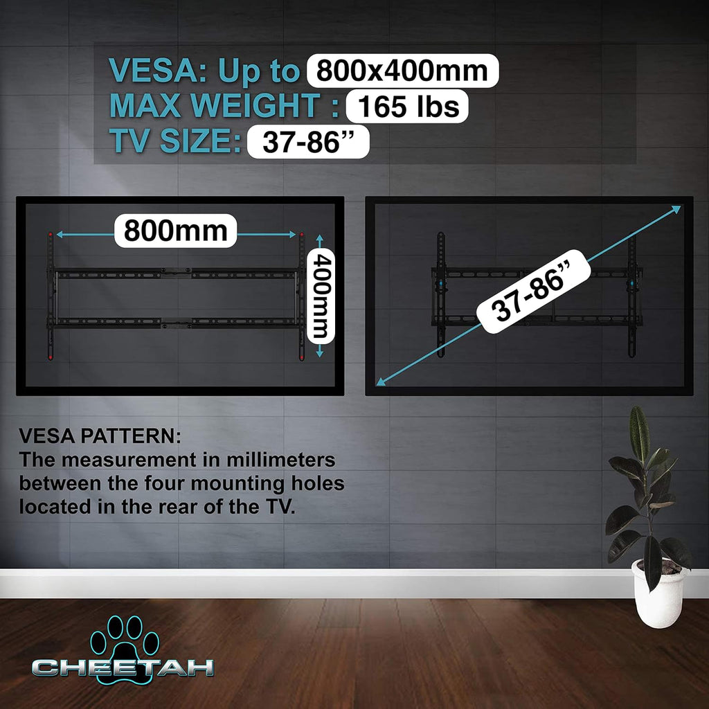 Cheetah Tilt TV Wall Mount for 37-86" TVs (Newer Displays up to 100"), Includes 10ft HDMI Cable, 165lbs Max VESA 800x400mm, Fits 16, 24, 32" Studs, Ultra Low 1.3" Profile Adjusts to 15 Degree Tilt - Image 3