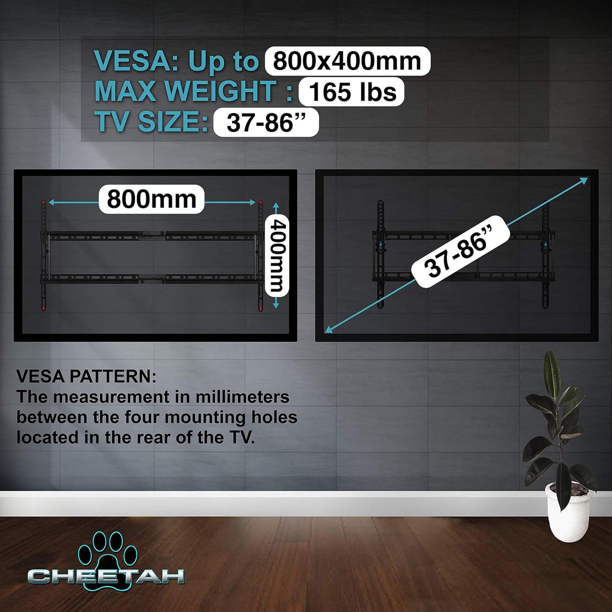 Cheetah Tilt TV Wall Mount for 37-86" TVs (Newer Displays up to 100"), Includes 10ft HDMI Cable, 165lbs Max VESA 800x400mm, Fits 16, 24, 32" Studs, Ultra Low 1.3" Profile Adjusts to 15 Degree Tilt - Image 3