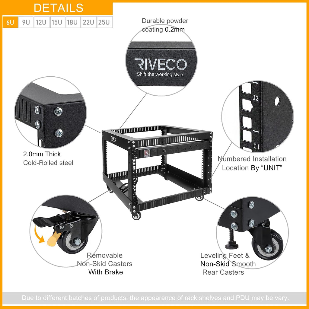 6U Server Rack with Wheels Open Frame Networking Rack+ PDU 8 Outlets Set Black - Image 4