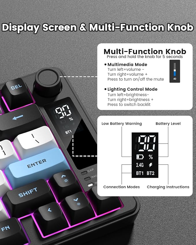 DK75 75% Wireless Gaming Keyboard, RGB Backlit Creamy Keyboard with Media Knob, OLED Screen, Tri-Mode 2.4GHz/USB-C/BT5.0, Anti-Ghosting No-Conflict Silent Membrane Keyboard for MAC Windows - Image 4