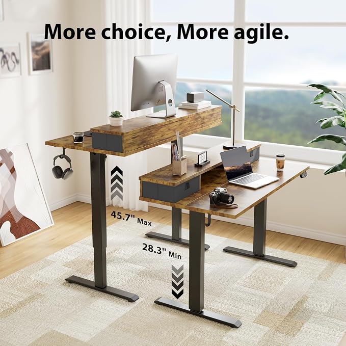 Agilestic 40 * 24 Inch Electric Standing Desk with Drawers, Rustic Brown | Electric Height Adjustable, 2 Storage Drawer, Monitor Stand, Sturdy Steel Frame, Memory Presets, Hooks, 154 lbs, Splice Board - Image 4