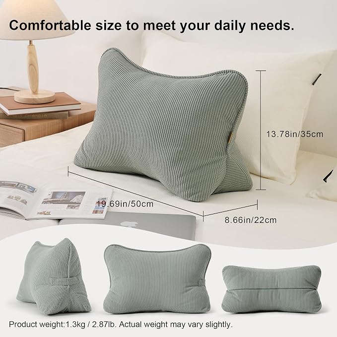 Pat. Pend. Corduroy Lumbar Support Back Pillow for Sitting Up & Reading, Ergonomic Triangle Back Support Cushion for Sofa, Armchair & Bed, Removable Washable Cover, Grey Green - Image 3
