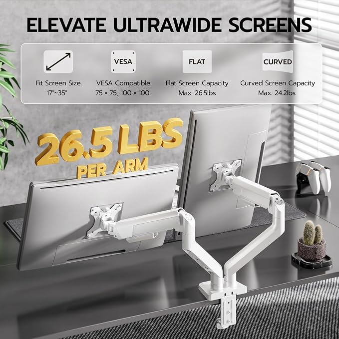 ARES WING Dual Monitor Mount with USB for 2 Monitors for 17-35 inch, White | Heavy Duty Monitor Arms for 2 Monitors, Fully Adjustable Monitor Desk Stand for Ultrawide Screen, VESA 75x75 or 100x100mm - Image 3