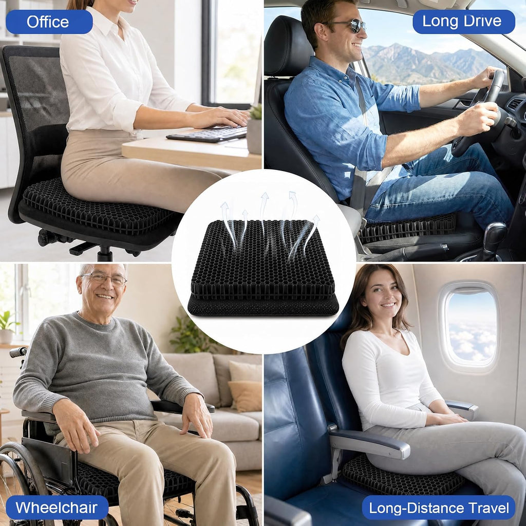 Gel Seat Cushion for Long Sitting – Double-Layer Honeycomb Cooling Chair Pad, Thick Supportive Gel Cushion with Breathable Non-Slip Cover for Office Chair, Car, Wheelchair & Long Sitting（Black） - Image 8