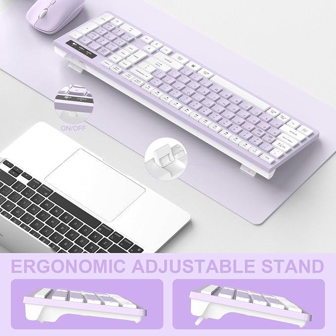 Wireless Keyboard and Mouse Combo Silent for Office and Home(Lilac) | 2.4G Full Size Silent Cordless Keyboard with Tilt Legs,3-Level DPI Quiet Mouse,for Windows/Mac OS/Desktop/Laptop/PC - Image 4