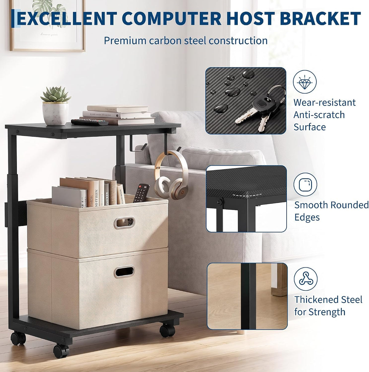 Height Adjustable Rolling PC Tower Stand with Locking Wheels, for Office, Home & Gaming, Compact Under Desk Computer Holder, 23.23"-33.46", Carbon Fiber Look - Image 7