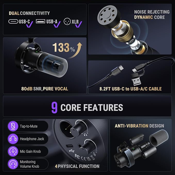 FIFINE AmpliTank K688 Dynamic Microphone, XLR/USB Podcast Recording PC Mic | Streaming Studio Metal Mic with Mute, Headphone Jack, Monitoring Volume Control, Windscreen, for Vocal Voice-Over Gaming - Image 3