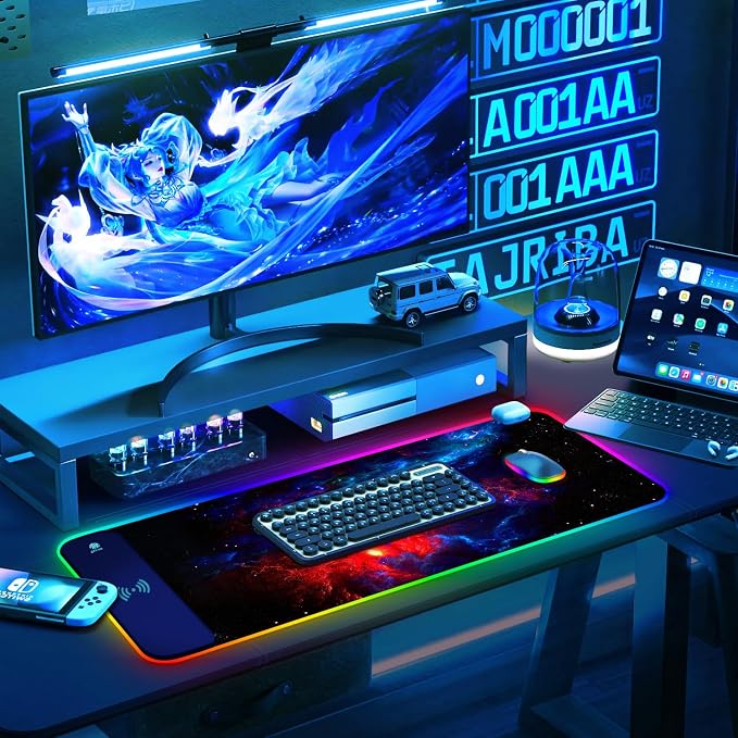 ToLuLu RGB Wireless Charging Gaming Mouse Pad, 7.5/10/15W 10 Light Modes LED Mouse Pad Computer Keyboard Mat Mousepad, 800x300x4MM Extended Large Desk Pad Desk Mat for Gamer, Red Blue Galaxy - Image 9