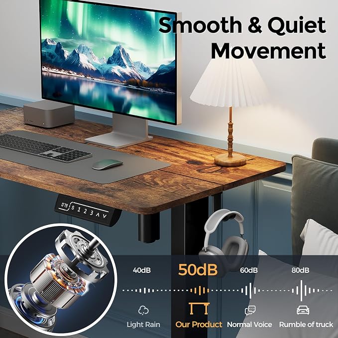 Small Electric Standing Desk, 35" Sit Stand Rising Desk | Height Adjustable Desk with 2 Hooks for Home Office, Compact Computer Workstation with Splice Board, Rustic Brown - Image 5
