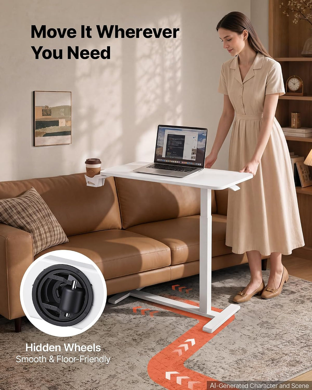 VEVOR Overbed Table 31.5"W x 15.7"D Mobile Bedside Table with Hidden Wheels - Image 6