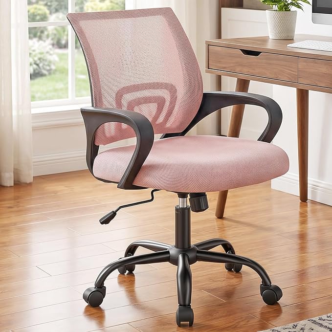 DUMOS Ergonomic Office Chair, Executive Desk Chair with Lumbar Support | Mid Back, Breathable Backrest, Fixed Armrest, Height Adjustable, 360° Swivel, Computer Gaming, Meeting, Pink by DumosLifestyle