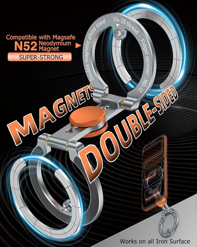 Ultra-Thin Dual Magnetic Aluminum Phone Stand & Fidget Spinner Combo w 1/4" Srew, 360° Phone Ring Grips Holder Compatible with MagSafe iPhone, Stress Relief Accessory for Home/Office/Travel/Gym/Golf - Image 2