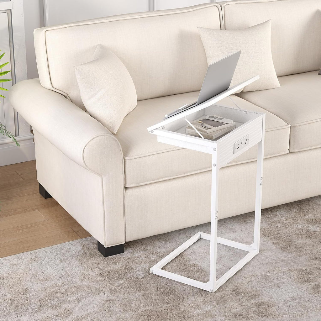 C Shaped End Table with Charging Station, 45° Tiltable Adjustable Flip Top Side Table with Storage,Small C Table for Small Spaces,Slide Under Couch Sofa Bedside Table for Living Room,White - Image 2
