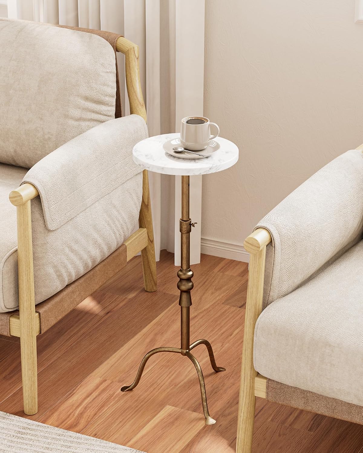 Adjustable Height Round Pedestal Table - 10x10x22-30 Inch, White Travertine - Image 4