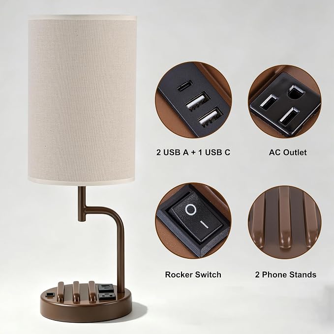 Dreamholder 2 Pack Table Lamp, Bedside Lamp with 3 USB Charging Ports & AC Outlet, USB Desk Lamp with 2 Phone Holders, Linen Fabric Shade Nightstand Lamps for Bedroom Living Room Office, Coffee Brown - Image 2