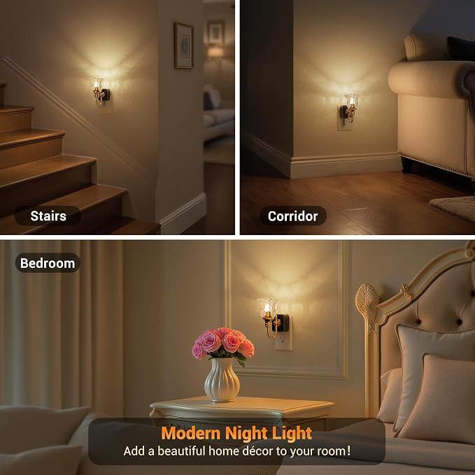 JandCase Night Light, Floral Night Lights Plug into Wall, Glass Nightlight | 0-100LM Dimmable Flower LED Nightlights with Light Sensor, 1W Vintage Nite Light for Bathroom Hallway Gift Vanity Decor - Image 4