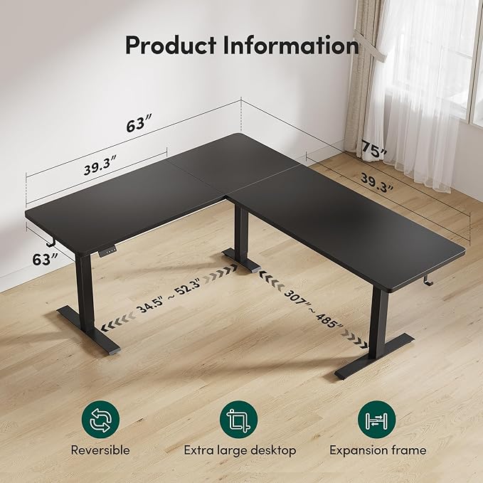 FEZIBO 75" x 63"L Shaped Standing Desk Adjustable Height, Electric Stand up Corner Computer Desk, Sit Stand Home Office Desk with Splice Board, Black - Image 2