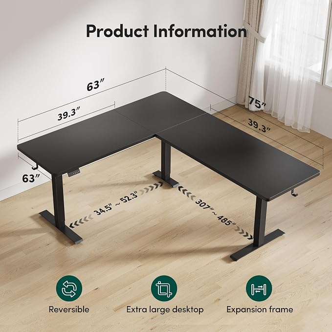 FEZIBO 63 x 55 L Shaped Standing Desk Adjustable Height, Electric Stand up Corner Computer Desk, Sit Stand Home Office Desk with Splice Board, Black - Image 2