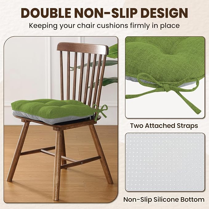 downluxe Indoor Chair Cushions for Dining Chairs, Tufted Overstuffed Textured Kitchen Chair Pads with Ties and Non-Slip Backing, 15.5" x 15.5" x 4", Grass Green, 4 Pack - Image 4