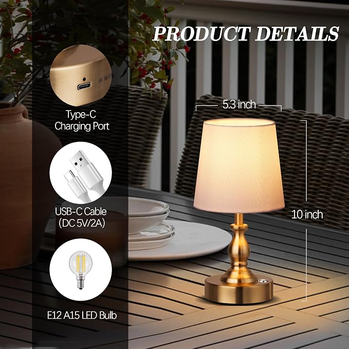Mini Cordless LED Table Lamp, 5200mAh Rechargeable Battery Operated Lamp, 3-Level Brightness, Touch Dimmable Desk Lamp, Bedside Night Light for Patio Camping Restaurant Home, Antique Brass - Image 5