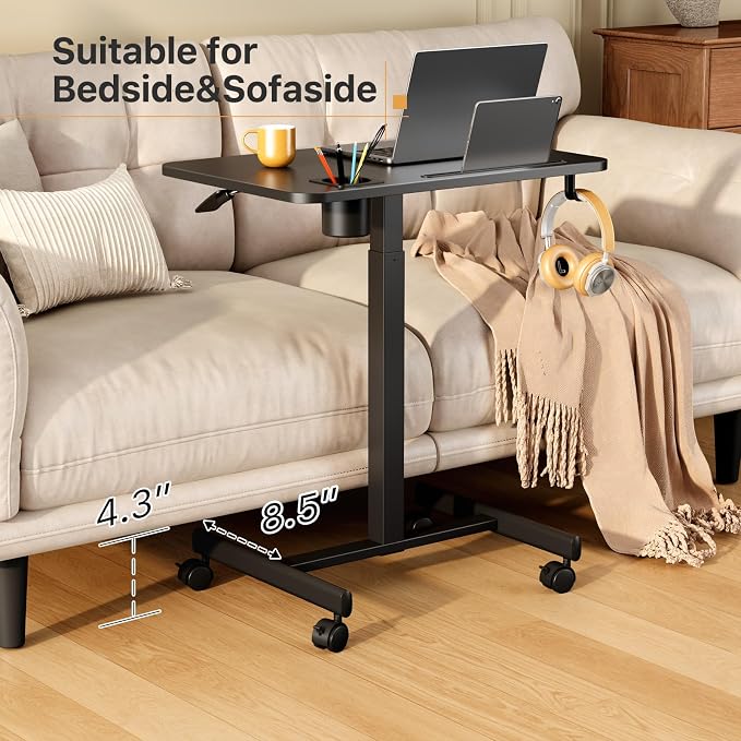28 inch Mobile Laptop Desk, Portable Sit Stand Cart with Wheels | Small Standing Desk with Cup Holder, Rolling Computer Workstation Height Adjustable with Hook on 4 Lockable Casters, Black - Image 7