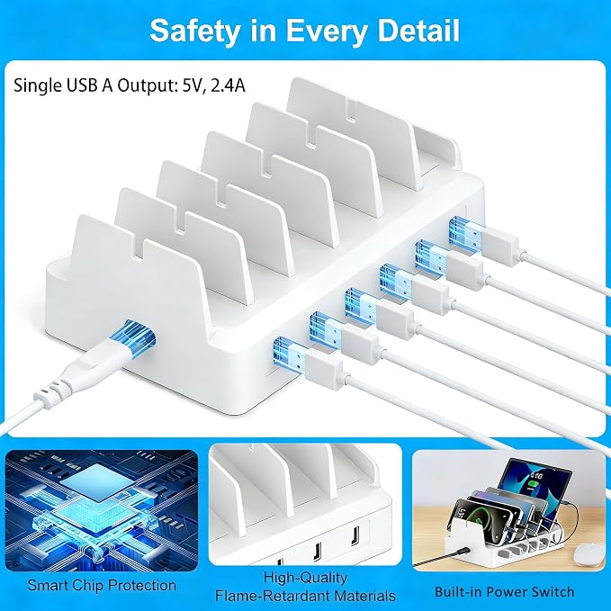 Charging Station for Multiple Devices, 6 Port USB Desktop Charger Dock Compatible with iPad, Samsung, Android, Tablet, Family Multi Phone Charging Organizer with Divider Holders, Fireproof ABS (White) - Image 8