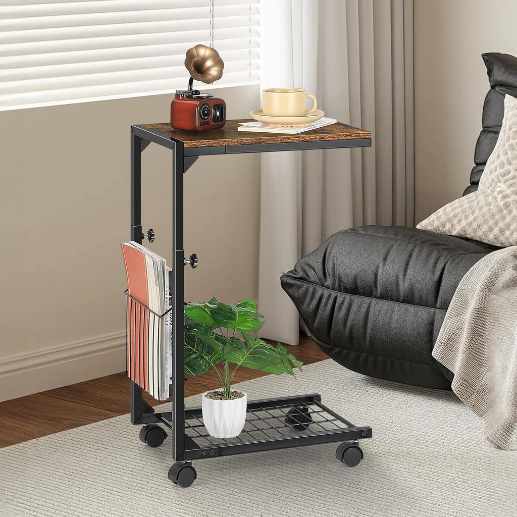 C Shaped Side Table Small End Table with Wheels Slide Under Couch Table for Sofa C Table with Metal Frame Adjustable Height Sofa Table for Living Room Bedroom Small Space, Rustic Brown - Image 8