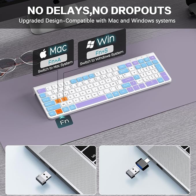 GAMCATZ Colorful Wireless Keyboard with Low-Profile Keys-Soft Touch,Cute,Quiet Design,Windows & Mac OS，Office Cordless Slient Computer Keyboard for Desktop,Laptop, PC, Mac, Windows-Purple Blue White - Image 6