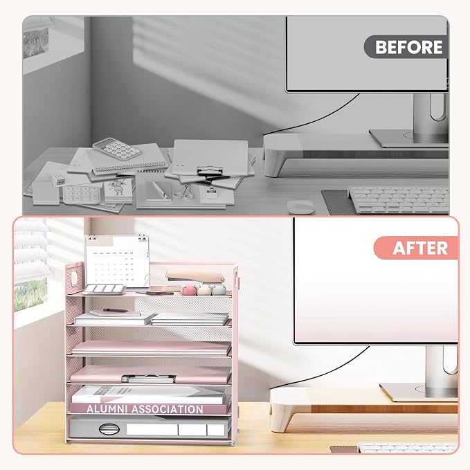 Daltack 6-Tier Paper Organizer for Desk with Handle, Pink | Sturdy Metal Mesh Organizer with Movable Middle Trays and a Carry Handle for Papers, Folders and Office Supplies - Image 7
