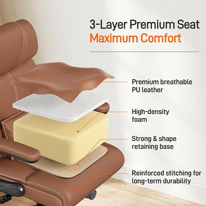 Office Chair, Executive Mid-Back Computer Desk Chair with Flip-up Armrests | 300 Lbs Ergonomic Leather Swivel PC Chair with Rock Function for Working Studying (Brown) - Image 7