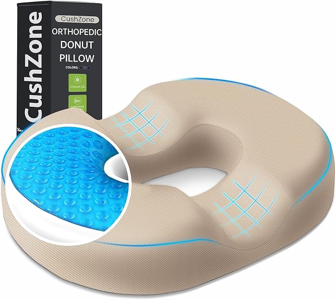 Donut Pillow Seat Cushion, Cooling Gel Memory Foam Chair Cushion, Khaki | Office, Home & Car Seat Cushion, Butt Pillow for Tailbone Pain Relief, Hemorrhoids and Everyday Sitting Comfort by CushZone