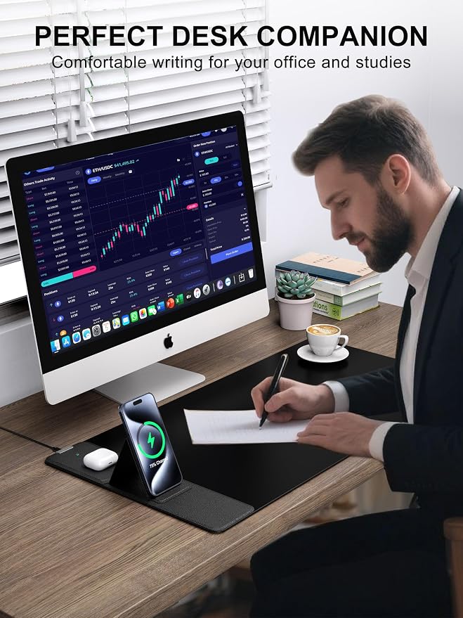 TopMade 4-in-1 Mouse Pad with 15W Wireless Charging, Foldable Phone Holder, 31.5" x 15.75" XXL Large Desk Pad, Gaming Mousepad with Ultra-Smooth Surface, Non-Slip Base, Waterproof Desk Mat, Black - Image 5