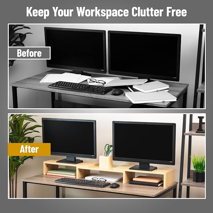 Mind Reader Dual Monitor Stand, Desktop Organizer, Laptop Riser, Office, MDF, 51.25"L x 9.25"W x 4.75"H, Brown - Image 6