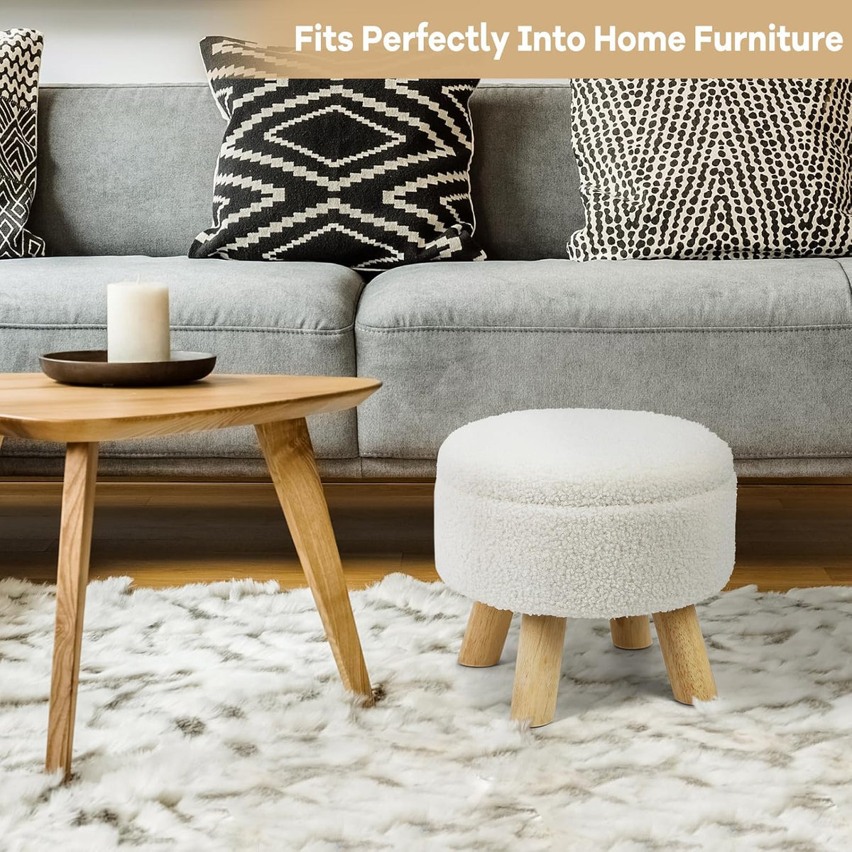 Ottoman Foot Stool, Small Ottoman with Storage,Round Storage Ottoman with Wood Legs, Soft Sponge Storage Footstool for Living Room, Bedroom, Couch, Enterway (Cream) - Image 4