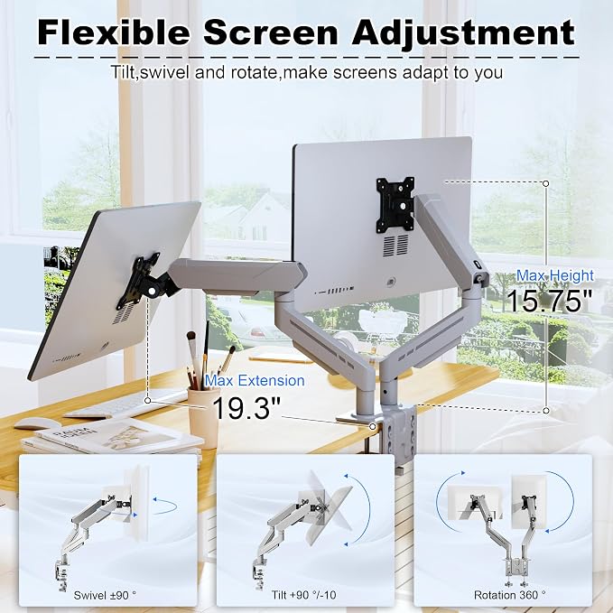 THEARK Dual Monitor Stand for Desk - Dual Monitor Mount for 17-32 Inch Screens,Height Adjustable Dual Monitor Arm Desk Mount with Clamp and Grommet Base,75x75/100x100mm VESA Mount,Max 19.8 lbs,Silver - Image 3