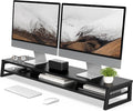 Fenge Dual Monitor Riser for Desk, Open Shelf with 3 Storage Compartments | 42.5in Computer Monitor Stand, 2-Tier Desk Shelf for Top of Desk,One-Piece Panel, fit Ultrawide Monitor, PC, Laptop, Black by Fenge