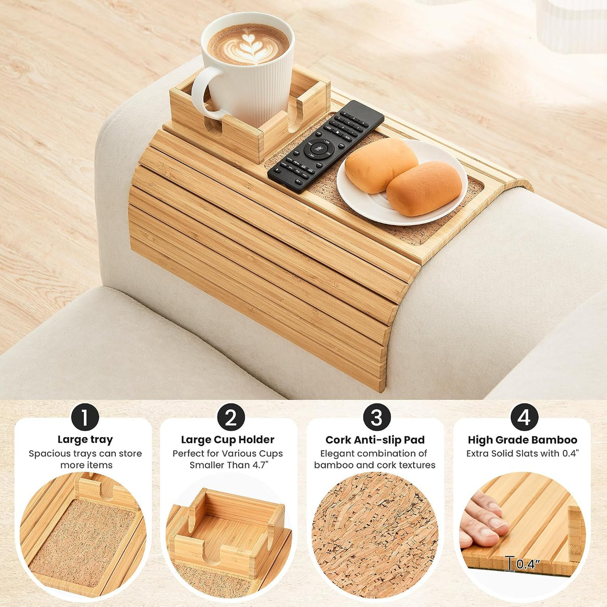 Bamboo Sofa Arm Tray Table, Foldable Couch Cup Holder, Anti-Slip Wide Couch Arm Tray Aremrest Table for Drink, Cup, Remote, Snacks, Cellphone, Portable, Bamboo/Cork Color - Image 2