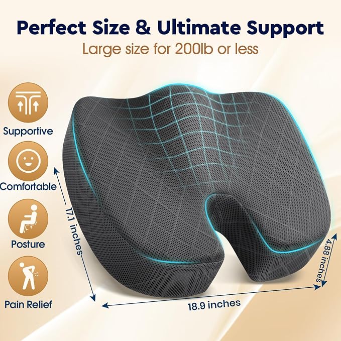 Seat Cushion, Memory Foam Office Chair Cushion - Black, XXX-Large | for Car Seat, Airplane, Desk Chair - Sciatica & Hip & Coccyx Pain Relief Cushion for Long Sitting Office Workers, Car Drivers - Image 2